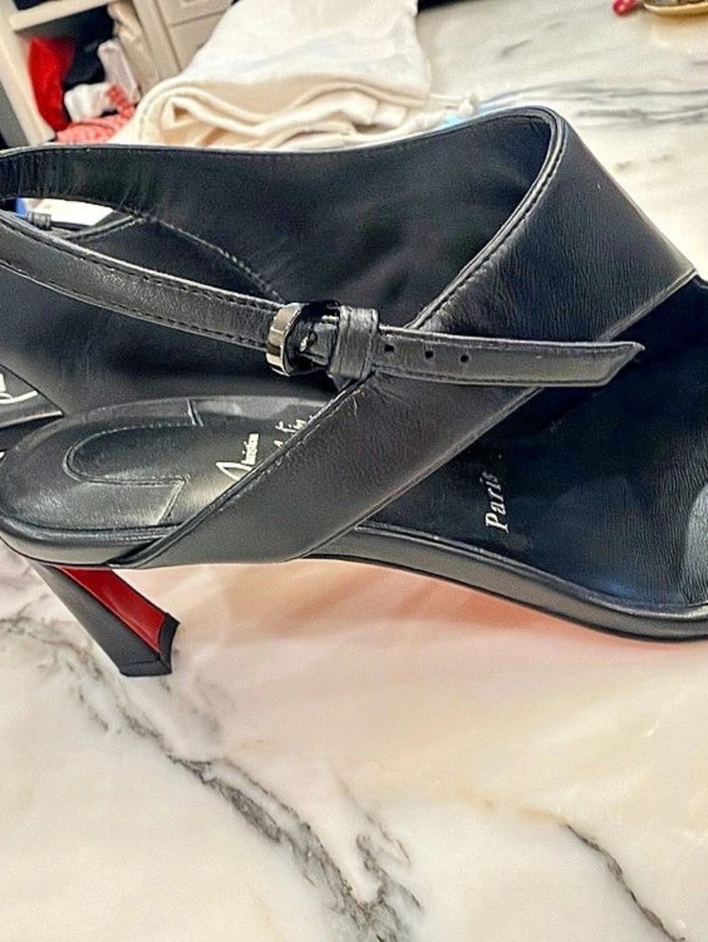 Authentic Christian Louboutin Miss Z Thong Slingback Sandal Black Heels - Picture 2 of 5